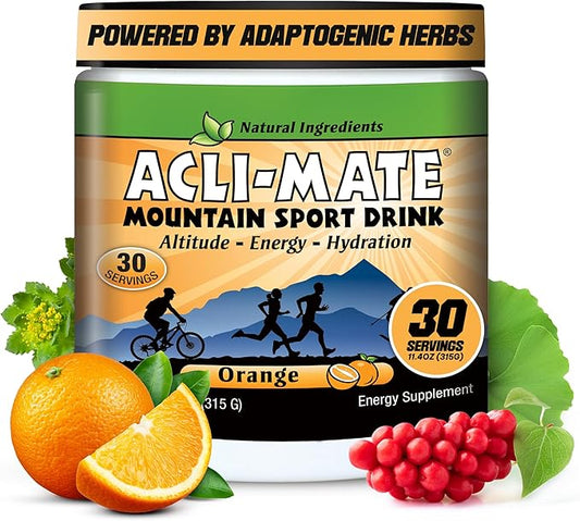 Acli-Mate Mountain Sport Drink Mix - Energy Powder Supplement - High Altitude Acclimatization Hydration - Recovery Drink for Running, Cycling, Hiking, Workout, Skiing, Travel & More - 1 Tub (Orange)