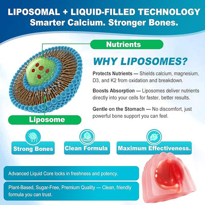 Sugar Free Calcium Gummies 1000 Mg Liposomal Liquid Form for High Absorption - Algae Calcium Supplements for Women, Men W/Vitamin D3 K2, Magnesium Glycinate, Zinc, Boron, Silica for Bone Health