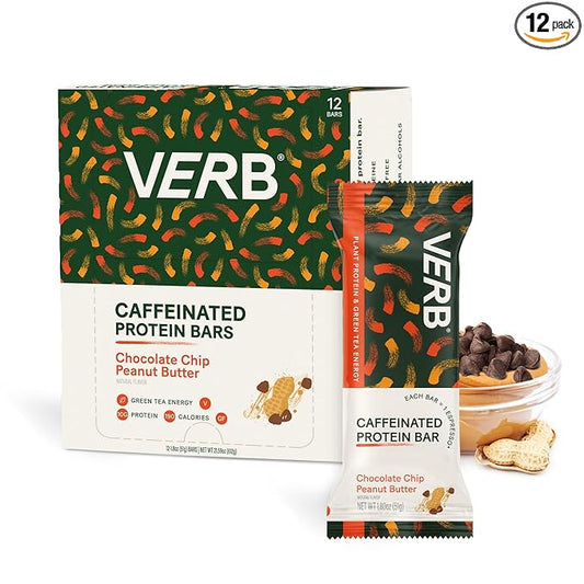Verb Energy - Caffeinated Protein Bars Chocolate Chip Peanut Butter 10g Plant Based Protein Bars High Protein - Vegan Snack - Gluten Free Breakfast Snack with Organic Green Tea, 51g (Pack of 12)