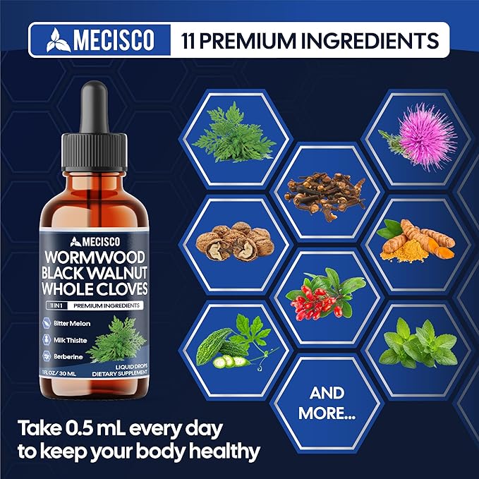 Wormwood Liquid Drops. Combined to Black Walnut, Whole Cloves, Berberine, Milk Thislte, Bitter Melon and 5 More Herbs. 11-in-1 Wormwood Liquid Drops - 60 Days Supply