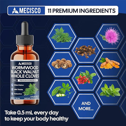Wormwood Liquid Drops. Combined to Black Walnut, Whole Cloves, Berberine, Milk Thislte, Bitter Melon and 5 More Herbs. 11-in-1 Wormwood Liquid Drops - 60 Days Supply