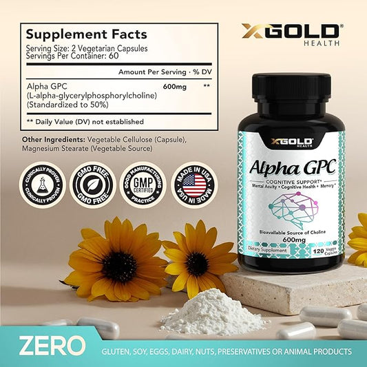 Alpha GPC Choline Supplement 600mg, 99%+ Highly Purified, Highly Bioavailable Source of Choline,120 Veggie Capsules, Cognitive Enhancer Nootropic, Supports Memory & Brain Function, Boosts Focus & Mood