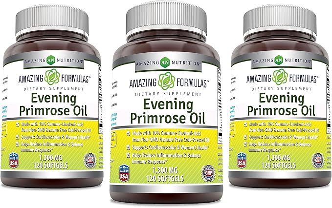 Amazing Formulas Evening Primrose Oil 1300mg, 10% GLA, Softgels Supplement | Hexane Free Cold Pressed Oil | Non-GMO | Gluten Free (120 Count | 3 Pack)
