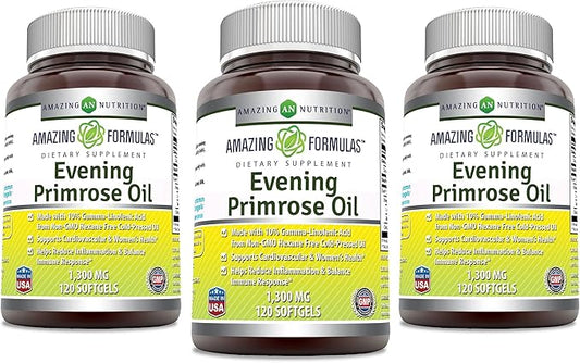 Amazing Formulas Evening Primrose Oil 1300mg, 10% GLA, Softgels Supplement | Hexane Free Cold Pressed Oil | Non-GMO | Gluten Free (120 Count | 3 Pack)