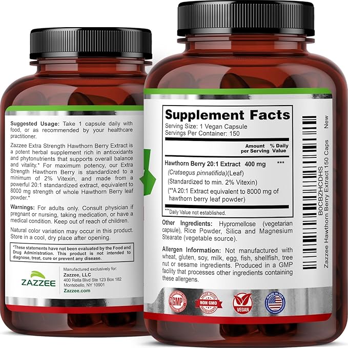 Zazzee Extra Strength Hawthorn Berry 20:1 Extract, 8000 mg Strength, 2% Vitexin, 150 Vegan Capsules, 5 Month Supply, Concentrated and Standardized Potent 20X Extract, Non-GMO and All-Natural