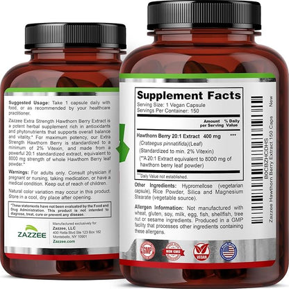 Zazzee Extra Strength Hawthorn Berry 20:1 Extract, 8000 mg Strength, 2% Vitexin, 150 Vegan Capsules, 5 Month Supply, Concentrated and Standardized Potent 20X Extract, Non-GMO and All-Natural