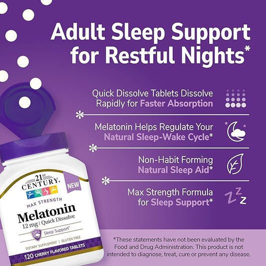 21st Century Melatonin 12 mg Quick Dissolve Max Strength Tablets, (120 Count) Sleep Aid for Adults, Cherry Flavored Sleep Supplement, Gluten-Free, No Artificial Colors or Preservatives