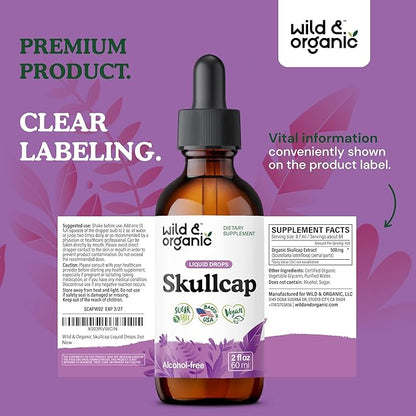 Wild & Organic Skullcap Tincture - Relaxation, Good Mood, Calmness - Liquid Skullcap Herb Supplement - Vegan, Sugar & Alcohol-Free Drops - 2 fl oz