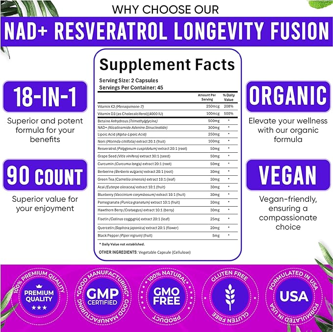 Adndale NAD Supplement. Longevity Formula with Liposomal NAD+, Trans Resveratrol, Quercetin, Berberine, Betaine Anhydrous, Grape Seed, Fisetin. NAD Resveratrol Supplement with Berberine 90 Capsules.