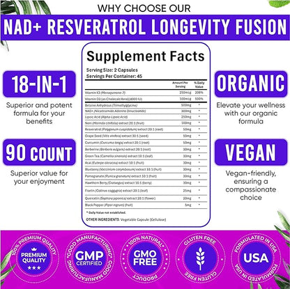 Adndale NAD Supplement. Longevity Formula with Liposomal NAD+, Trans Resveratrol, Quercetin, Berberine, Betaine Anhydrous, Grape Seed, Fisetin. NAD Resveratrol Supplement with Berberine 90 Capsules.