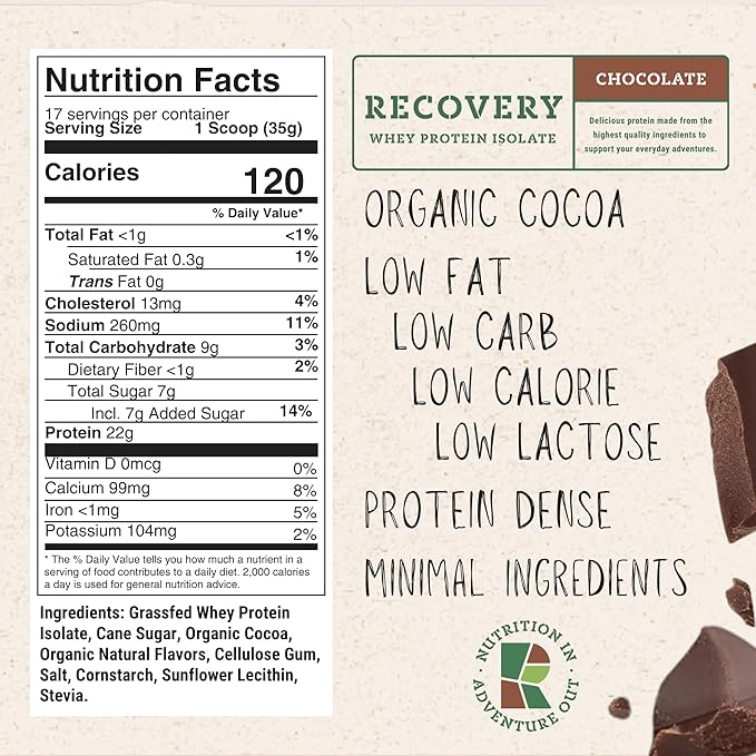 Whey Protein Isolate - Grass-Fed Protein Powder for Recovery - 22g of Protein - 17 Servings (One Size, Chocolate)