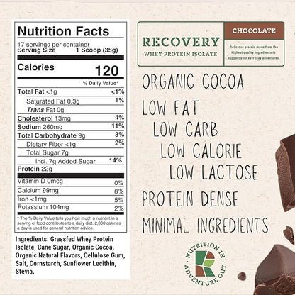 Whey Protein Isolate - Grass-Fed Protein Powder for Recovery - 22g of Protein - 17 Servings (One Size, Chocolate)