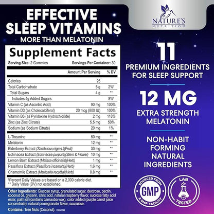 Sleep Gummies with Melatonin 12 mg - Extra Strength Sleep Vitamin Gummy, Natural Melatonin Gummy, Occasional Sleep Support Supplement for Adults, Vegan, Non-GMO, Gomitas para Dormir - 60 Gummies
