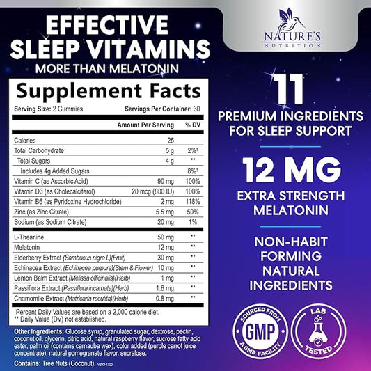 Sleep Gummies with Melatonin 12 mg - Extra Strength Sleep Vitamin Gummy, Natural Melatonin Gummy, Occasional Sleep Support Supplement for Adults, Vegan, Non-GMO, Gomitas para Dormir - 60 Gummies
