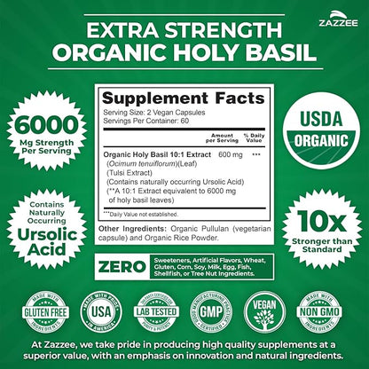 Zazzee USDA Organic Holy Basil 10:1 Extract, 6000 mg Strength, 120 Vegan Capsules, Concentrated and Standardized 10X Tulsi Extract, Ursolic Acid, 100% Certified Organic, Non-GMO