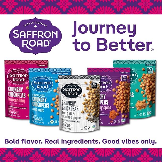 Saffron Road Roasted and Crunchy Bombay Spice Chickpeas | High Protein Snacks | Gluten-free, Vegan, Non-GMO, and Certified Halal and Kosher | 5.4oz Pouch | Pack of 6