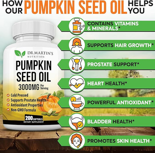 3000mg Cold Pressed Pumpkin Seed Oil | DHT Blocker | Promotes Hair Growth | Supports Heart, Skin, Prostate & Urinary Health | Contains Vitamins, Minerals & Omega 3, 6 & 9 For Anti-Aging | 200 Softgels