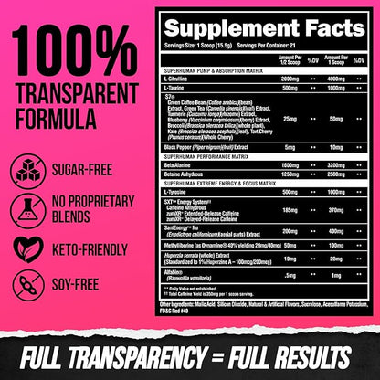 ALPHA LION Superhuman Extreme High Stim Pre Workout Powder, Beta Alanine, L-Taurine & 356mg Tri-Source Caffeine for Sustained Energy, Nitric Oxide & Citrulline for Pump (21 Servings, Slaughtermelon)