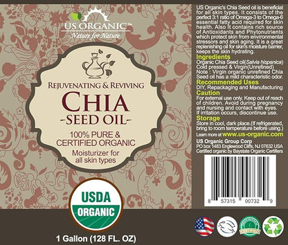 US Organic Chia Seed Oil, Certified Organic, Pure & Natural, Cold Pressed Virgin, Unrefined (128 oz (1 Gallon))