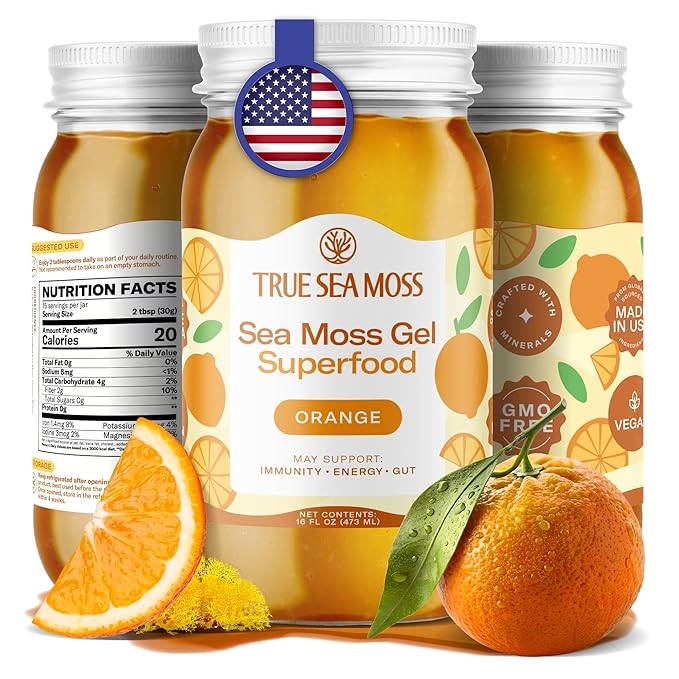 TrueSeaMoss Sea Moss Gel – Made in USA – Wildcrafted Seamoss, Fresh Fruits & Sea Vegetables – Orange, Pack of 1 (Labels may Vary)