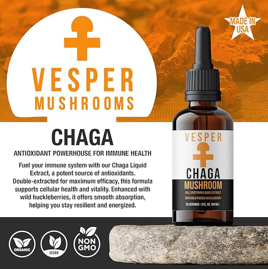 Vesper Chaga Mushroom Liquid Extract - Double Extraction with Wild Huckleberries for Antioxidant Support, Immune Health, USA-Grown, for Vitality & Cellular Defense – 2oz