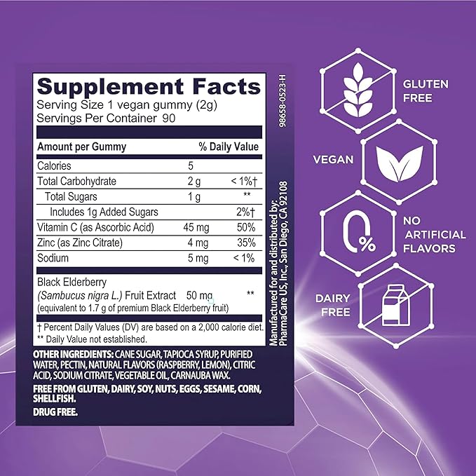 Sambucol Elderberry Gummies for Adults with Vitamin C; Zinc; Sambucus Elderberry Gummies for Immune Support with High Antioxidants; Gluten Free; Vegan; 1 Gummy Per Serving; 90 Count (90 Day Supply)
