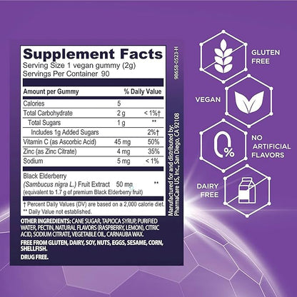 Sambucol Elderberry Gummies for Adults with Vitamin C; Zinc; Sambucus Elderberry Gummies for Immune Support with High Antioxidants; Gluten Free; Vegan; 1 Gummy Per Serving; 90 Count (90 Day Supply)