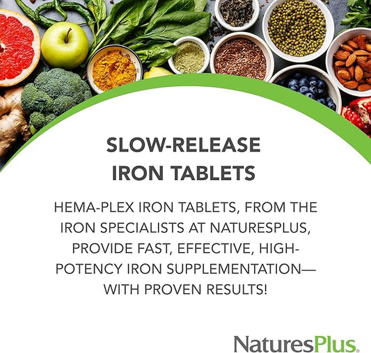 NaturesPlus Hema-Plex Iron - 30 Slow-Release Tablets, Pack of 2 - Total Blood Health - 85 mg Chelated Iron - With Vitamin C & Bioflavonoids - Non GMO, Vegetarian & Gluten Free - 60 Total Servings