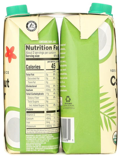 365 by Whole Foods Market, Organic Coconut Water, 100% Pulp-Free Juice, 16.9 Fl Oz per Carton, Pack of 4