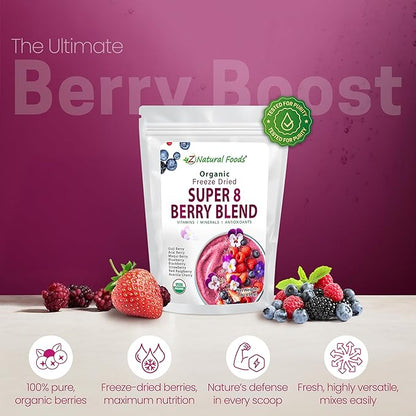 Z Natural Foods Super 8 Berry Blend - Organic Freeze Dried Berry Powder, Fruit Superfood Powder - Delicious Powdered Fruit Berry, Antioxidant Powder for Smoothies, Yogurts, Healthy Drink Mix, 1 lb