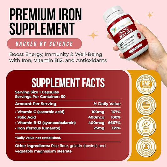 Nature's Nectar Blood Builder Iron Supplement for Men & Women – Slow Release Non-Constipating Iron Capsules with Vitamin B-12, Folic Acid & Vitamin C – Supports Red Blood Cell Production 60 Capsules