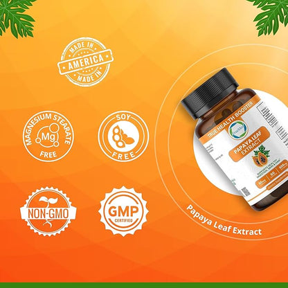 Papaya Leaf Extract 500 mg for Hair, Skin with 4X Extra Strength Support Blood Platelet with 60 Capsules for 60 Days Supports Digestive Health & Natural Antioxidant