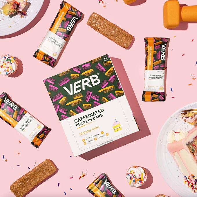 Verb Energy - Caffeinated Protein Bars Birthday Cake 10g Plant Based Protein Bars High Protein - Vegan Snack - Gluten Free Breakfast Snack with Organic Green Tea, 51g (Pack of 12)