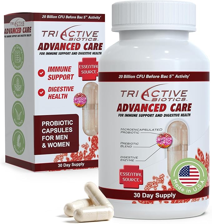 TriActive Biotics Advanced Care - 20 Billion CFU Probiotics for Digestive Health, Immune Support Supplement, Microencapsulated Probiotics for Women & Men, 30 Ct Capsules