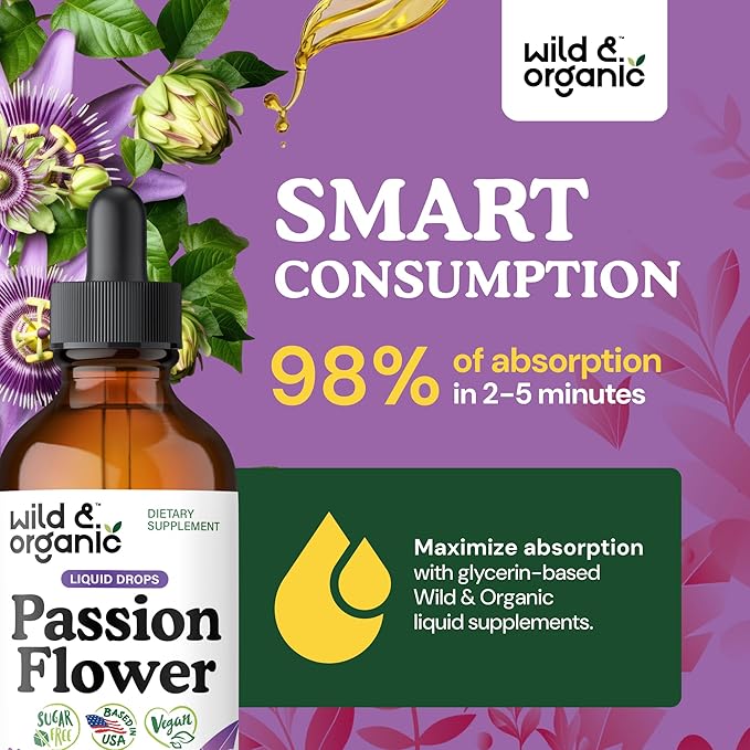 Wild & Organic Passion Flower Tincture - Mood Support - Calming Passionflower Supplement - Passiflora Incarnata Liquid Extract - Vegan, Sugar & Alcohol-Free Herb Drops - 4 fl oz