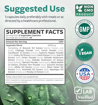 Super Greens Antioxidants Superfoods 2250mg Supplement - 20 Ingredients with Sprouts, Mushrooms, Roots, Garlic, Bitter Melon, Artichoke, Celery Seed, Cayenne pepper, Alfalfa NON GMO - 120 Capsules