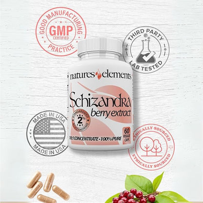 Natures Elements Schizandra Berry Extract – 10:1 Standardized Extract with 2% Schizandrins – 1000mg Per Serving – 60 Veggie Capsules – Non-GMO, Gluten-Free – Traditional Chinese Herb