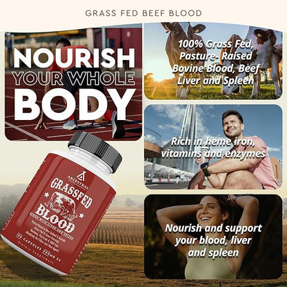 Ancestral Supplements Grass Fed Blood is Blood, Liver & Spleen Formula, 500mg, Grass Fed Beef Supplement, Red & White Blood Cell Formation, Immune and Heart Health Support, Non GMO, 180 Capsules