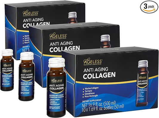 Ageless Ultra Anti Aging Liquid Collagen for Men & Women, Marine Collagen, Turmeric, Glutathione, and Rosa Roxburghii, Multi Vitamins, Skincare, Hydrating & Revitalizing Formula - 50 ml (30 Count)