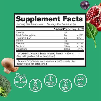 Zena Nutrition Organic Super Greens Fruit & Veggies Supplement, 70+ Superfoods from Fruit & Vegetables, 3g Fiber, Spirulina, Chlorella, Prebiotics & Probiotics, Digestive Enzymes, 180 Capsules