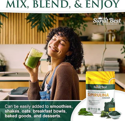 Sunlit Best USDA Organic Spirulina Powder - Blue-Green Algae, Raw & Vegan Source of Protein & Chlorophyll | Non-GMO & Gluten-Free Superfood Energy Drink | Immune Support Supplement, 8 oz - 3 Pack