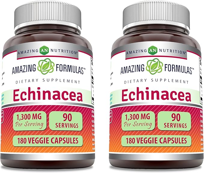 Amazing Formulas Echinacea | 1300 Mg | Veggie Capsules Supplement | Non-GMO | Gluten Free | Made in USA (2 Pack | 180 Count)