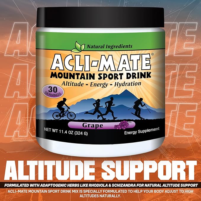Acli-Mate Mountain Sport Drink Mix - Energy Powder Supplement - High Altitude Acclimatization Hydration - Recovery Drink for Running, Cycling, Hiking, Workout, Skiing, Travel & More - 1 Tub (Grape)