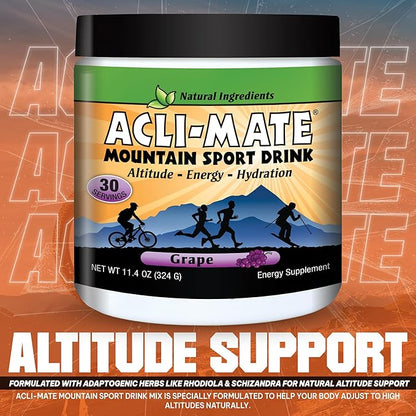 Acli-Mate Mountain Sport Drink Mix - Energy Powder Supplement - High Altitude Acclimatization Hydration - Recovery Drink for Running, Cycling, Hiking, Workout, Skiing, Travel & More - 1 Tub (Grape)