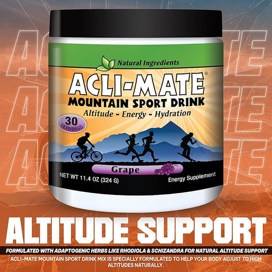 Acli-Mate Mountain Sport Drink Mix - Energy Powder Supplement - High Altitude Acclimatization Hydration - Recovery Drink for Running, Cycling, Hiking, Workout, Skiing, Travel & More - 1 Tub (Grape)