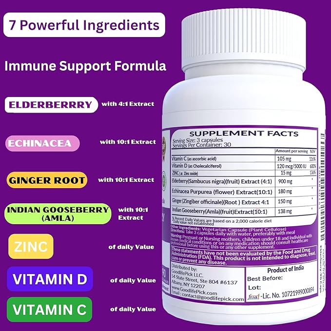 7X Elderberry with ZINC, Vitamin C, Vitamin D, Echinacea, Ginger & Indian Gooseberry (Amla).Premium Elderberry Capsules 90 ct, All Natural,Vegan,Non-GMO, No Rice Powder, No-Gluten, No Sugar