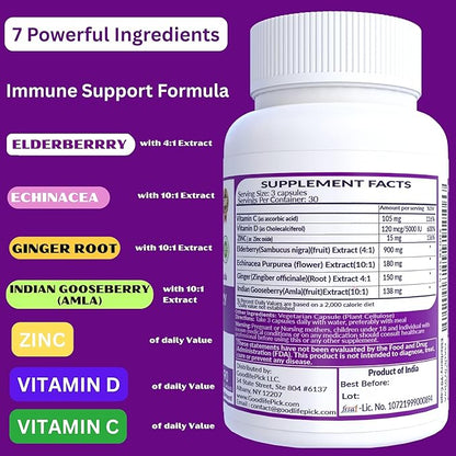 7X Elderberry with ZINC, Vitamin C, Vitamin D, Echinacea, Ginger & Indian Gooseberry (Amla).Premium Elderberry Capsules 90 ct, All Natural,Vegan,Non-GMO, No Rice Powder, No-Gluten, No Sugar