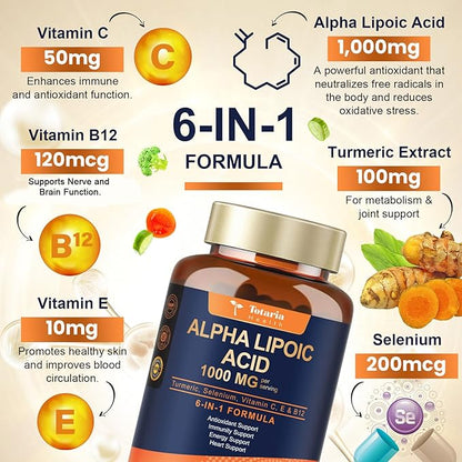 Alpha Lipoic Acid 1000mg - ALA Supplement Antioxidant for Neuropathy Support Nerve Health, Liver Detox, Antioxidant, Metabolism and Cell Energy, Anti-Aging - Non-GMO, Gluten Free, Vegan Safe