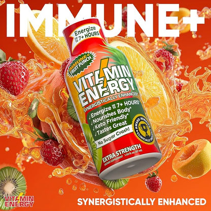 Vitamin Energy Immune+ Extra Strength Energy Shot Fruit Punch 12 Pack, 260mg Natural Caffeine, B-Vitamins, Citicoline, Green Tea, Immunity & Focus Support, Zero Sugar, Gluten-Free 1.93 fl oz