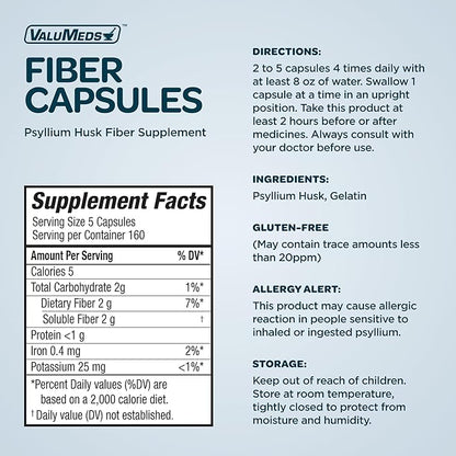 ValuMeds Psyllium Husk Daily Fiber 520mg Capsules Nurtitional Supplement Soluble Dietary Colon Support, Sugar Free for Adults (Men and Women) (800 Count)